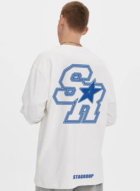 STA SR轮廓长袖T恤男简约黑色纯棉圆领美式宽松休闲情侣上衣女