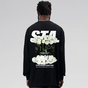 STA国潮美式玫瑰长袖T恤男女春秋纯棉打底衫潮牌重磅情侣宽松上衣