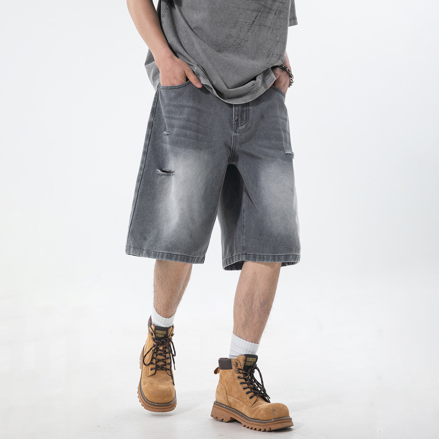 STA美式复古破洞牛仔短裤男宽松直筒五分裤做旧夏季新款潮牌薄款