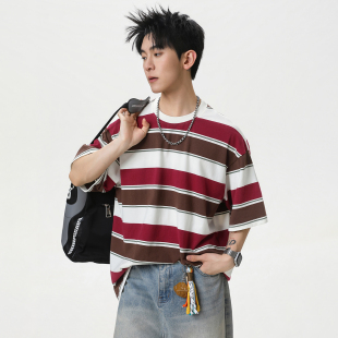 STA潮牌撞色宽条纹短袖 圆领百搭青少年复古上衣 T恤男宽松落肩袖
