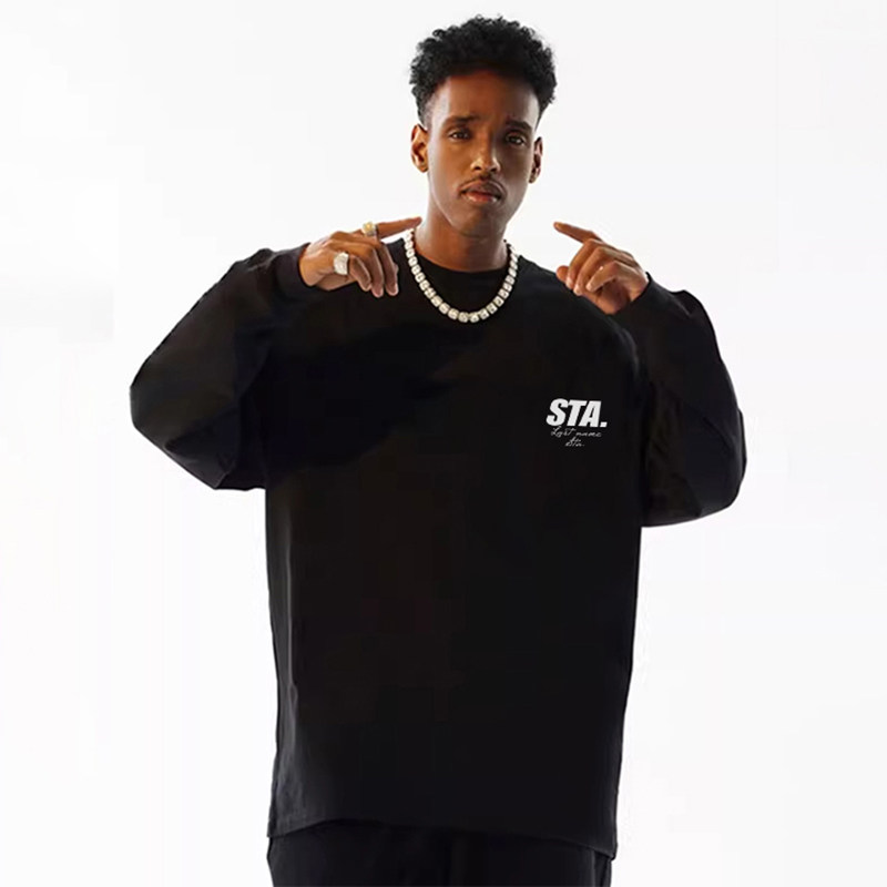 STA国潮美式重磅黑色长袖T恤男宽松潮男基础款潮流百搭休闲上衣