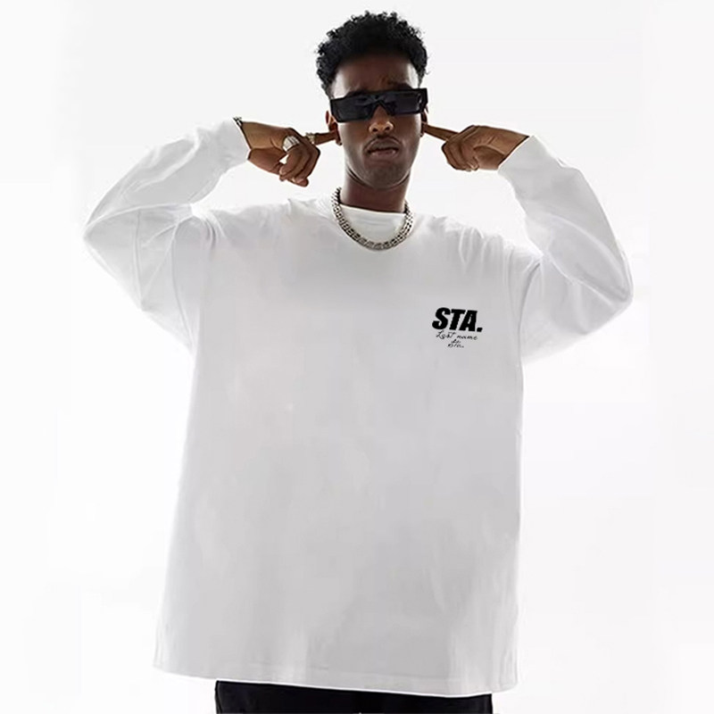 STA国潮美式重磅长袖T恤男白色胸口字母印花宽松纯棉潮流百搭上衣