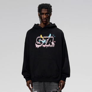 上衣百搭 宽松街头简约情侣装 STA美式 卡通字母印花连帽卫衣男款