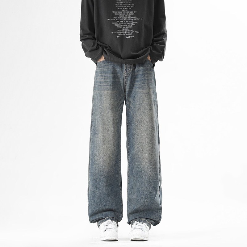 2026春夏新款美式复古做旧水洗牛仔裤男宽松阔腿长裤显瘦潮牌