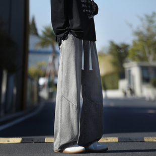 STA春秋26年新款复古宽松系带牛仔裤男士做旧直筒阔腿长裤潮牌