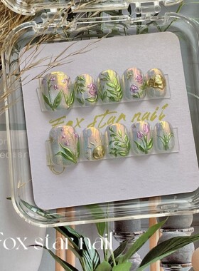 原创韶光慢偏光高级手绘显白短款手工定制穿戴甲可拆卸甲片贴片