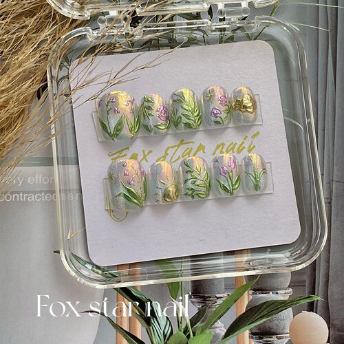 原创韶光慢偏光高级手绘显白短款手工定制穿戴甲可拆卸甲片贴片