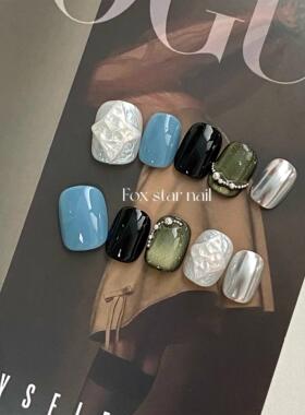 水中苔简约小众猫眼短款极光粉立体感气质显白手工美甲定制穿戴甲