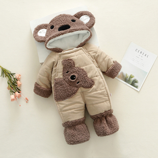 新款冬季新生儿连体衣宝宝加绒加厚连脚棉衣套装生婴儿外出防风衣