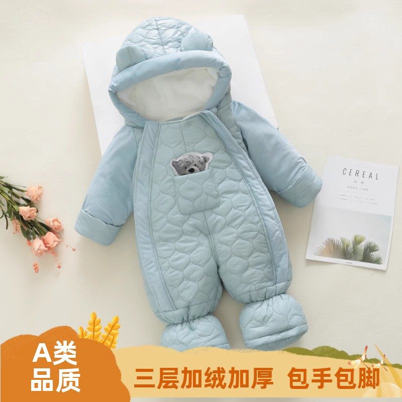 夹棉连体衣包脚新生儿冬季