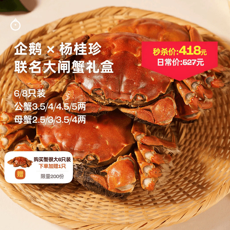企鹅市集 杨桂珍大闸蟹 太湖大闸蟹礼盒活蟹天然散养螃蟹时令水产