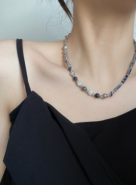 黑白天然石串珠拼接项链女