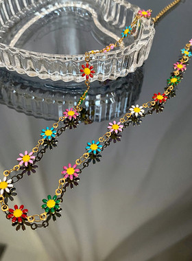 日韩百搭小花朵彩色串珠项链甜美