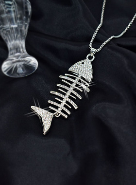 银鱼刺鱼骨项链镶钻款毛衣链男