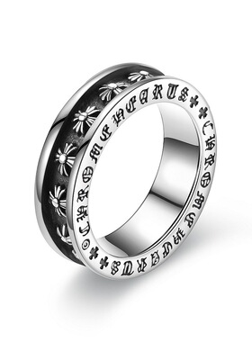 CC新款复古朋克风十字架铭文男士钛钢不掉色戒指欧美潮流嘻哈街头
