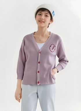 colormo百搭宽松慵懒风刺绣儿童春秋V领纯棉针织衫开衫外套