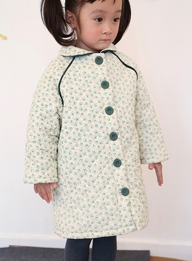 colormo女童绿碎花长款冬款纯棉复古个性棉服棉衣外套