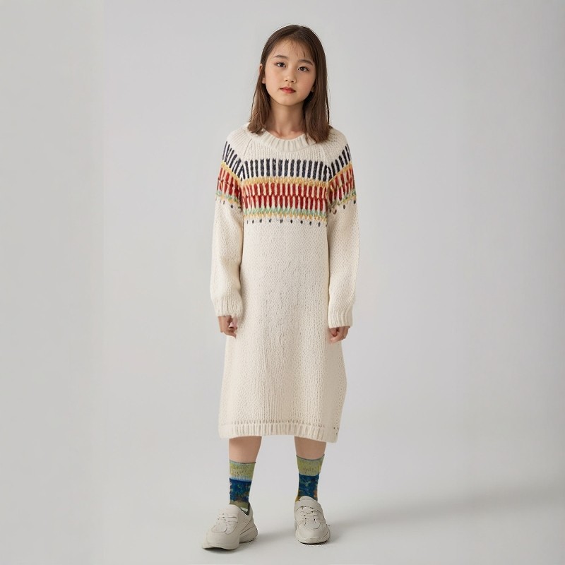 colormo女童纯棉毛衣针织衫圆领彩虹条纹套头毛衣裙