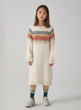 colormo女童纯棉毛衣针织衫圆领彩虹条纹套头毛衣裙