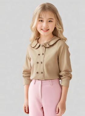 colormo女童法式温柔系双层娃娃领纯棉衬衫设计感长袖上衣