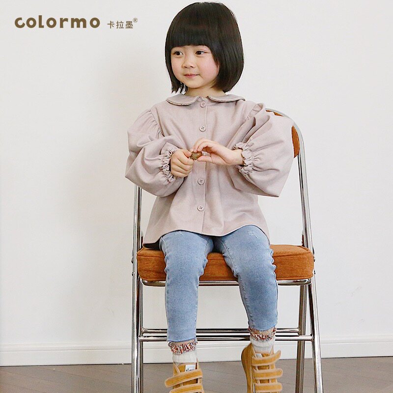 colormo女童春秋穿搭森系羊毛呢子娃娃领公主泡泡袖上衣外套