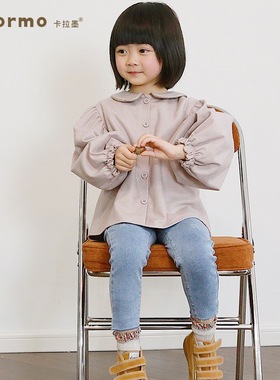 colormo女童春秋穿搭森系羊毛呢子娃娃领公主泡泡袖上衣外套