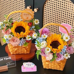 润峰教师节鲜花手提花篮木条编织手提蝴蝶结小篮子插花鲜花手提篮