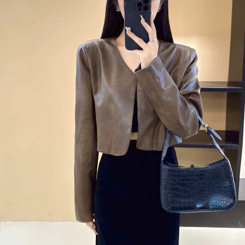 美式短款皮衣外套女秋季慵懒风宽松设计感复古圆领无扣女机车风