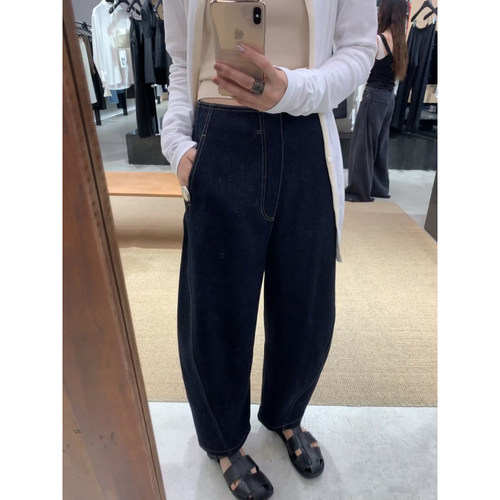 现货Ms同源深藏青牛仔高腰宽松收腿裤