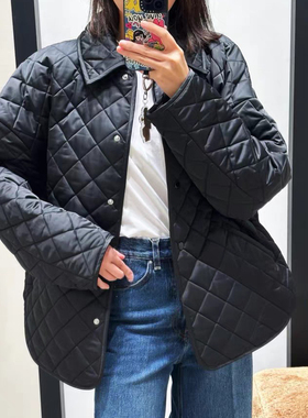 现货TOT同源深圳南油25秋冬新款黑色菱格宽松落肩绗缝夹克外套～