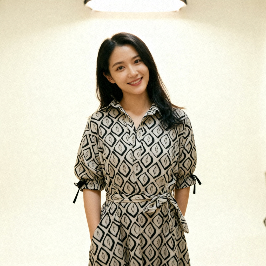 现货Max同源府绸棉2026春夏新菱格印花衬衫式连衣裙五分袖裙子