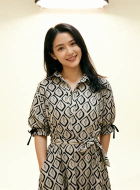 现货Max同源府绸棉2026春夏新菱格印花衬衫式连衣裙五分袖裙子