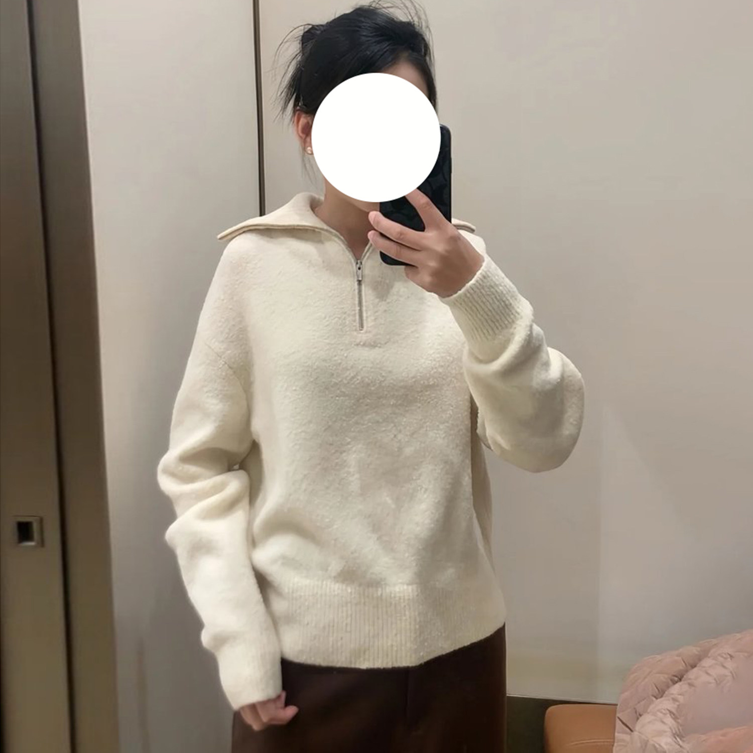 现货ICIC小禾女装新款牦牛绒圈圈纱半拉链领套头衫