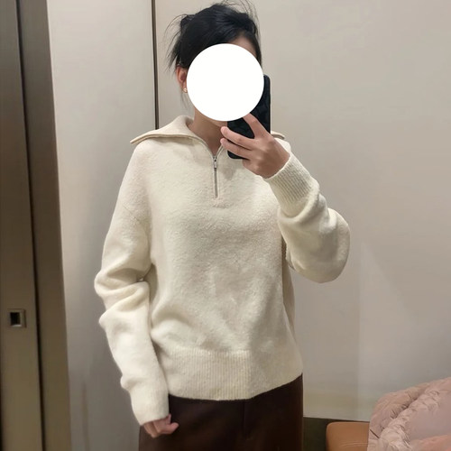 现货ICIC小禾女装新款牦牛绒圈圈纱半拉链领套头衫