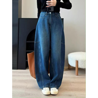 现货KJ同源欧洲进口时髦先锋轻解构分割切线宽松弧线茧型牛仔裤