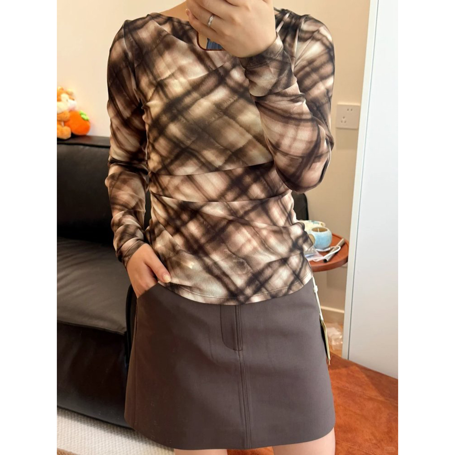 现货ZZ同款金缕曲 墨染格纹长袖T恤女新款修身弹力网纱上衣