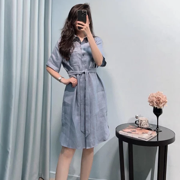 现货Max同源桑蚕丝深圳南油2025春夏百搭亚麻连衣裙SALUTE