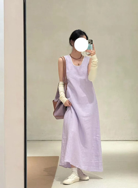 现货ICIC小禾同源双层百分百苎麻茧型裙香芋紫女装新款平纹连衣裙