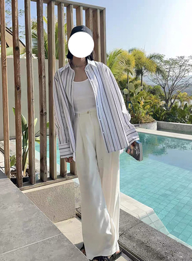 现货TOT 同源 女装 黑白条纹棉府绸挺括落肩连袖衬衫