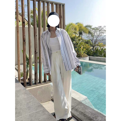 现货TOT 同源 女装 黑白条纹棉府绸挺括落肩连袖衬衫