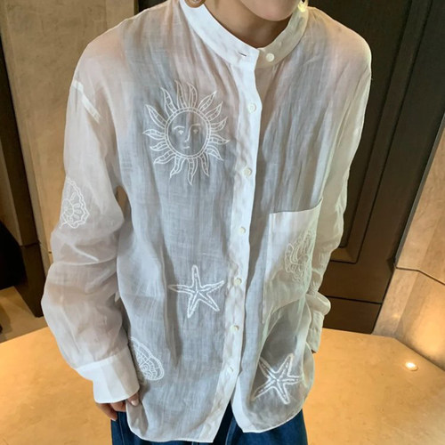 现货ED同源衬衫女新款海岛系列绣花轻薄苎麻衬衣