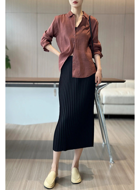 现货Ms同源黑色弹力百褶半裙