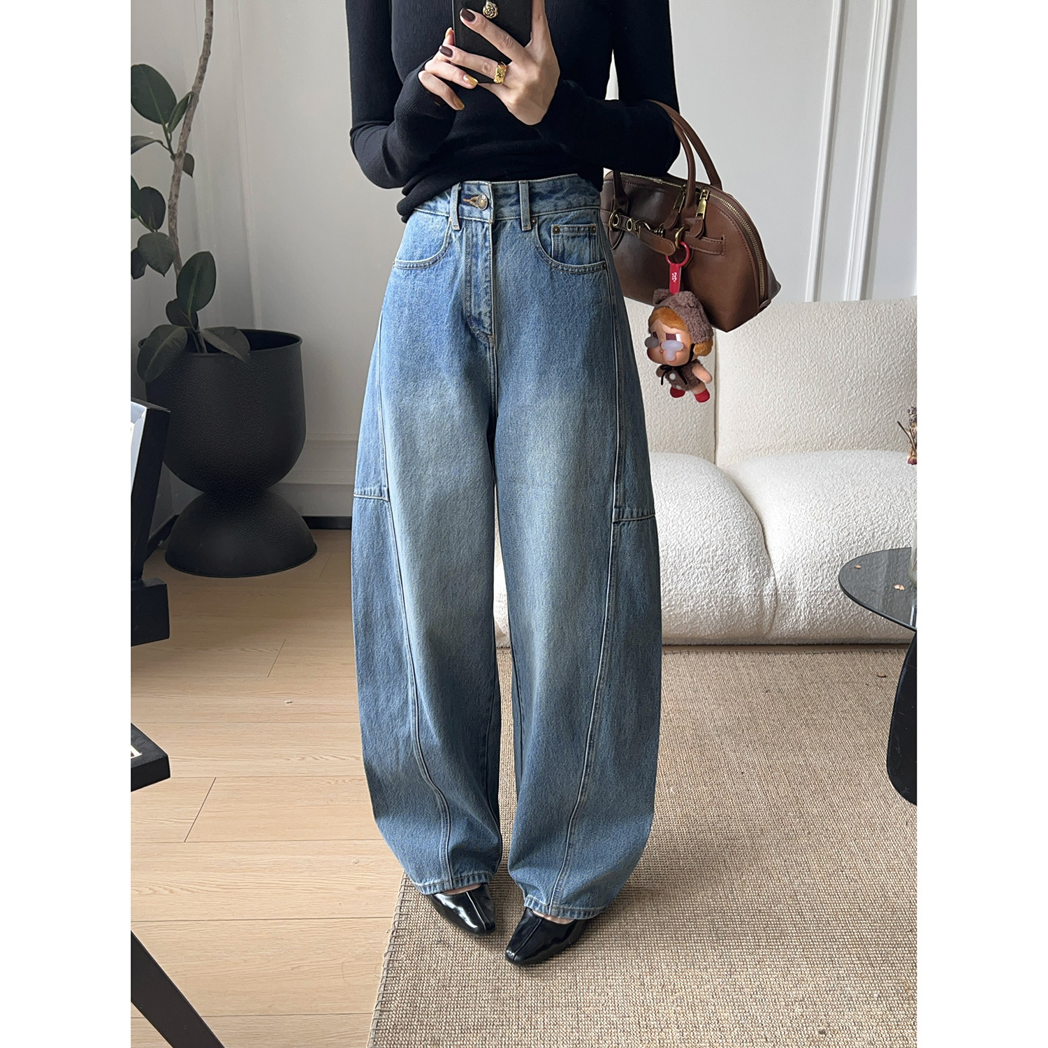 高腰复古做旧水洗镰刀裤型阔腿牛仔裤女春款显瘦茧型牛仔休闲裤子,女装/女士精品,牛仔裤,淘宝优惠券,粉丝福利购,淘宝优惠卷