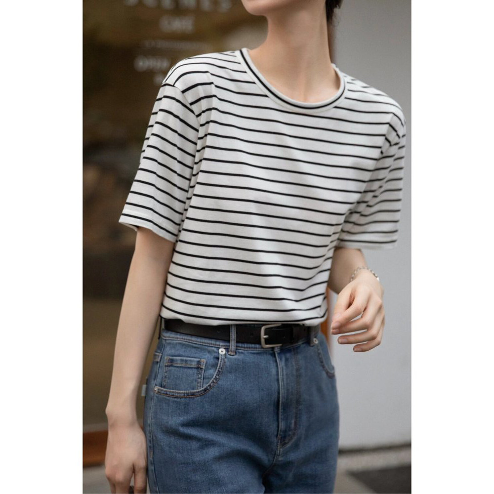 现货ICIC小禾同源女装25早春夏新款长绒棉条纹t恤上衣