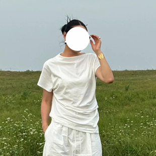 现货CC同源柔垂纯棉针织 流线感不对称连袖斜肩荡领显瘦捏褶上衣