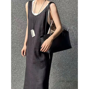现货Ro同源百分百苎麻极简风层次感2件套U领透气舒适连衣裙