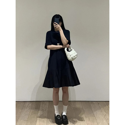 现货COS同源女装 休闲版型拼接百褶针织T恤连衣裙新品