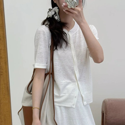 现货ICIC小禾女装新款亚麻尼龙混纺纱开衫