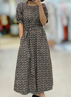现货Max同源复古印花连衣裙女25夏新款通勤气质短袖收腰显瘦裙子