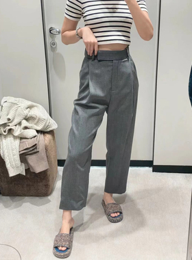 现货Tot同源女装新款麻灰色羊毛深褶裥设计高腰直筒通勤西装长裤